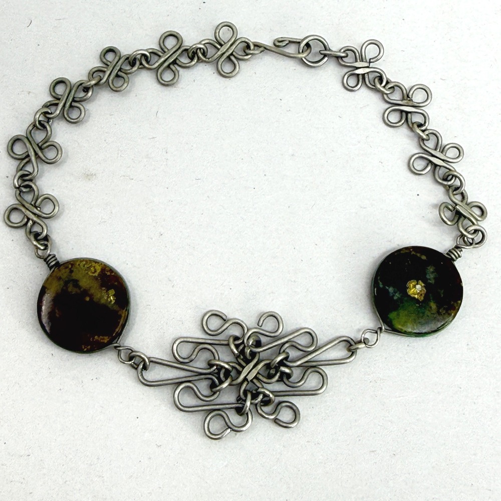 Artisan Handcrafted Wire Scroll Link Bracelet with Green Moss Agate Stones